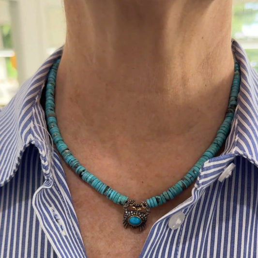 Turquoise Bead and Mini Crab Necklace