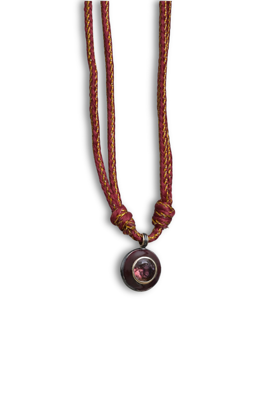Linen Thread Necklace with Pink Tourmaline Enamel Pendant